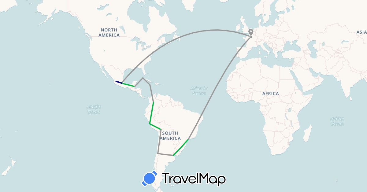TravelMap itinerary: driving, bus, plane in Argentina, Bolivia, Brazil, Belize, Chile, Colombia, Cuba, France, Jamaica, Mexico, Peru (Europe, North America, South America)